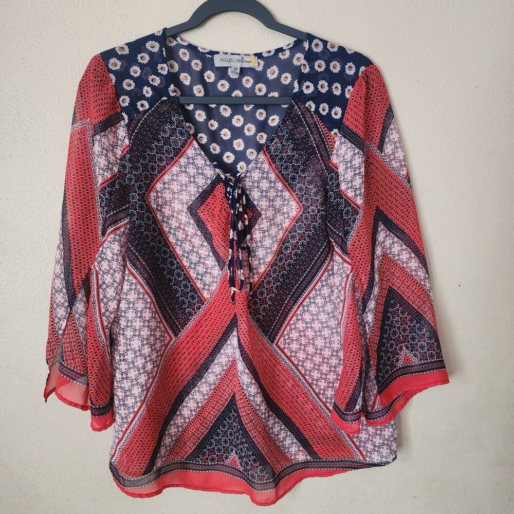 Figueroa & Flower Boho Geometric Sheer Tie Neck Top Medium Artsy Festival